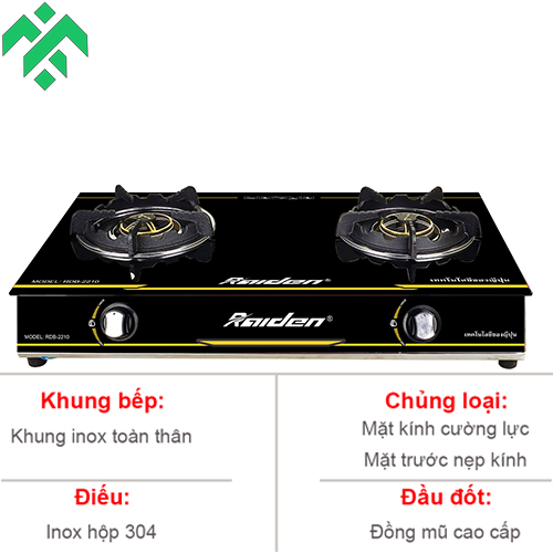 Bếp ga đôi đầu đốt đồng mũ Raiden RDB-2210 mặt kính cường lực dày chịu nhiệt, kiềng gang chống Oxy hóa